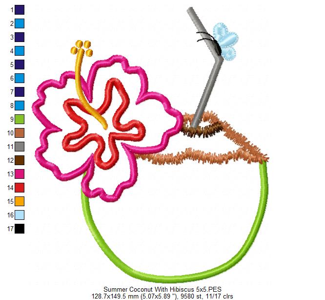 Summer Coconut with Hibiscus Flower - Applique