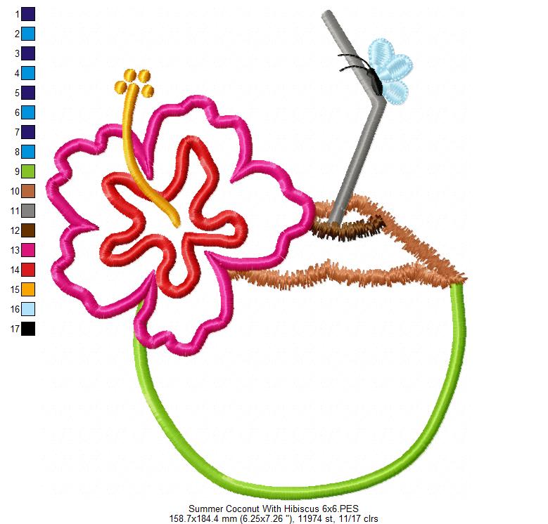 Summer Coconut with Hibiscus Flower - Applique