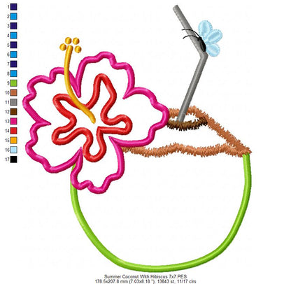 Summer Coconut with Hibiscus Flower - Applique
