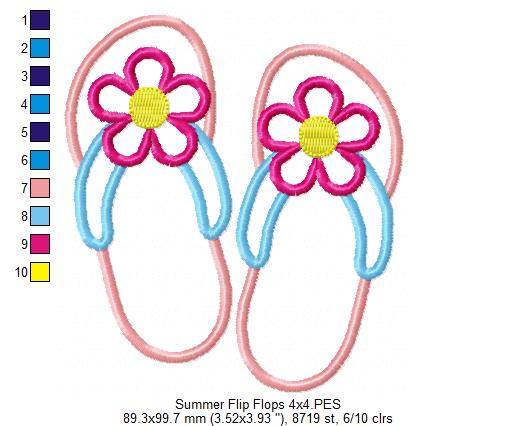 Summer Flip Flops with Flower - Applique - Machine Embroidery Design
