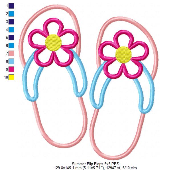Summer Flip Flops with Flower - Applique - Machine Embroidery Design