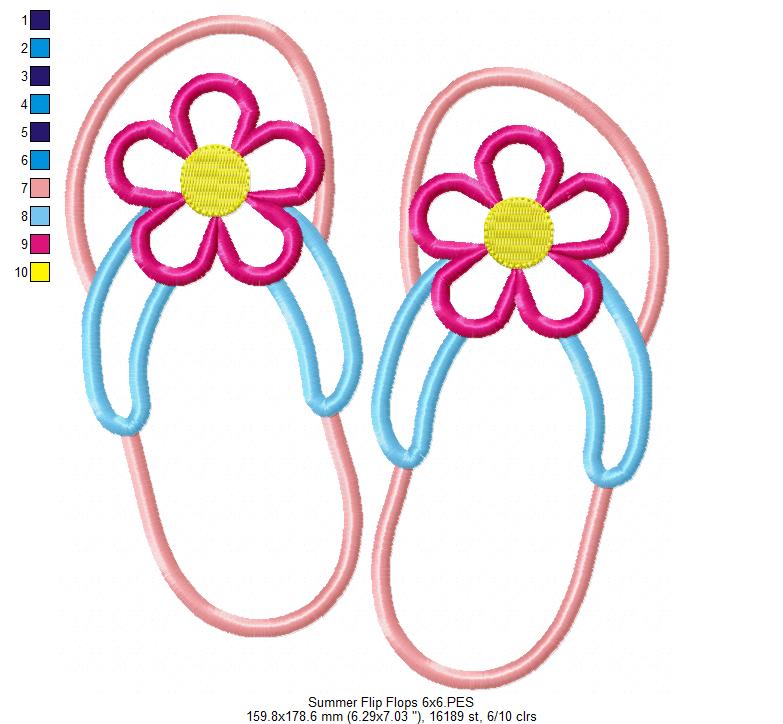 Summer Flip Flops with Flower - Applique - Machine Embroidery Design