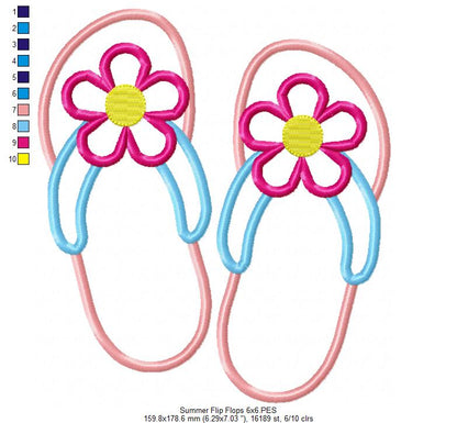 Summer Flip Flops with Flower - Applique - Machine Embroidery Design