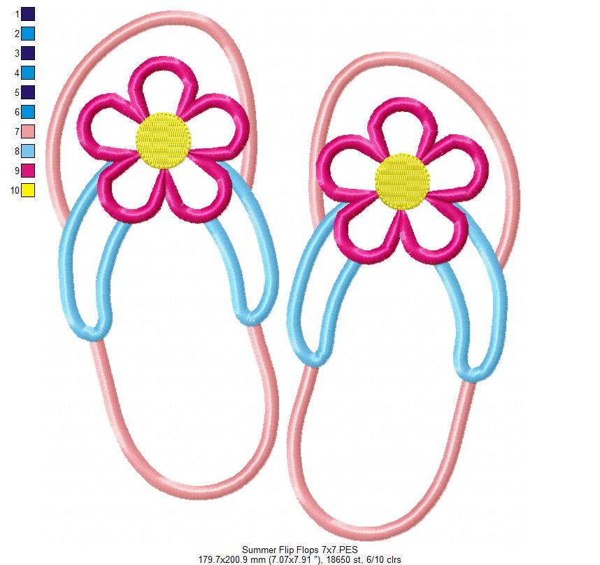 Summer Flip Flops with Flower - Applique - Machine Embroidery Design