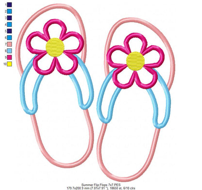 Summer Flip Flops with Flower - Applique - Machine Embroidery Design