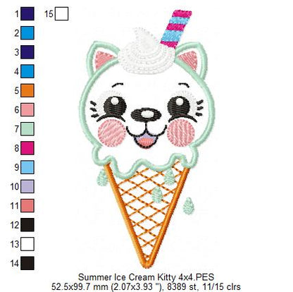 Summer Ice Cream Kitty - Applique - Machine Embroidery Design