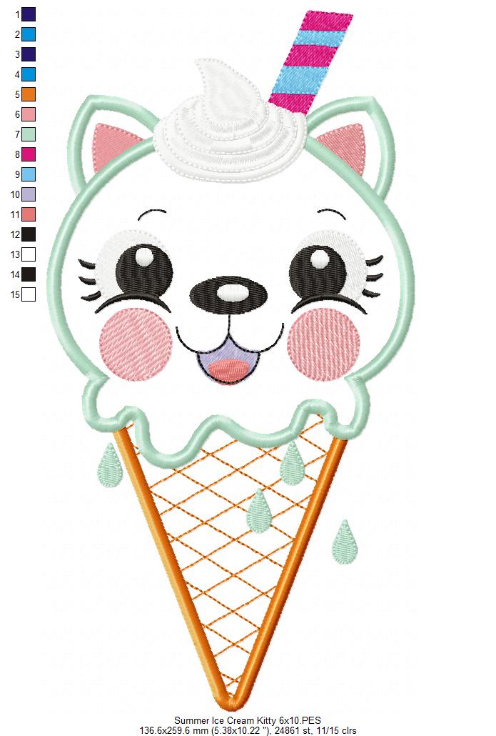 Summer Ice Cream Kitty - Applique - Machine Embroidery Design