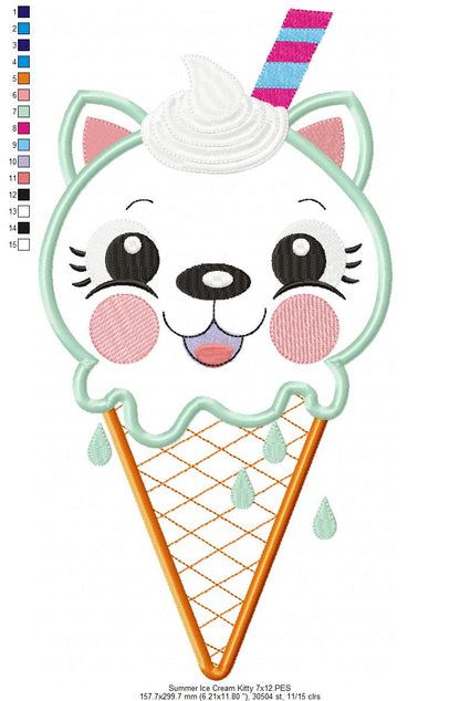 Summer Ice Cream Kitty - Applique - Machine Embroidery Design