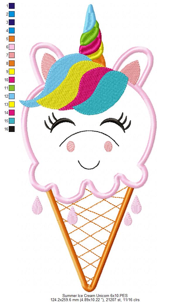 Summer Ice Cream Unicorn - Applique - Machine Embroidery Design