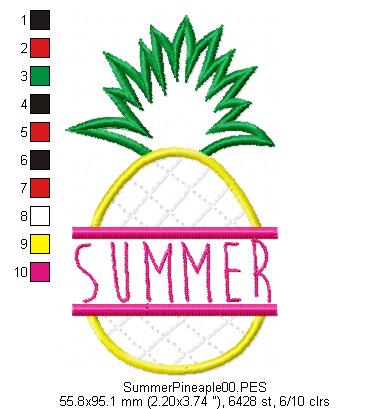 Summer Pineapple - Applique -  Machine Embroidery Design