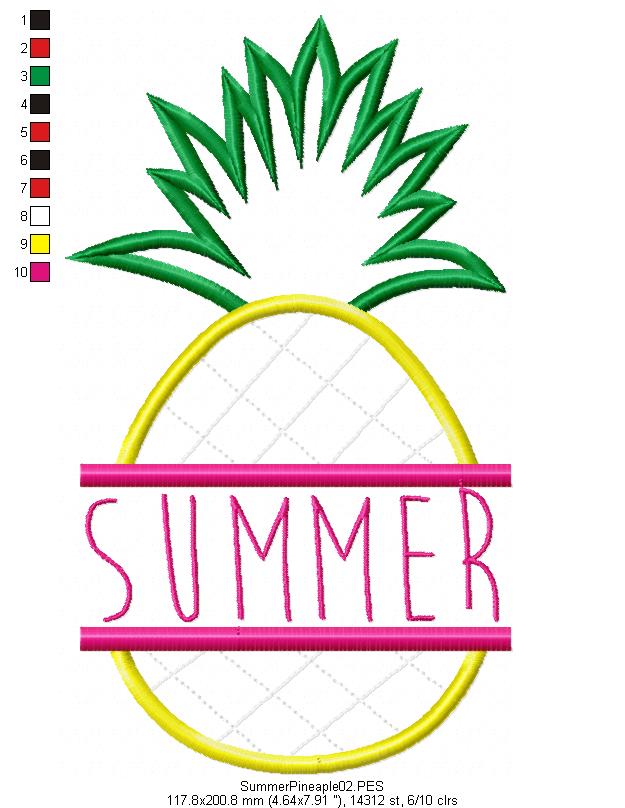 Summer Pineapple - Applique -  Machine Embroidery Design