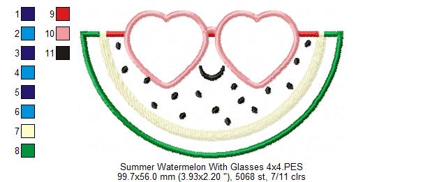 Summer Watermelon with Sunglasses - Applique - 4x4 5x4 5x7 5x8 6x10 7x12