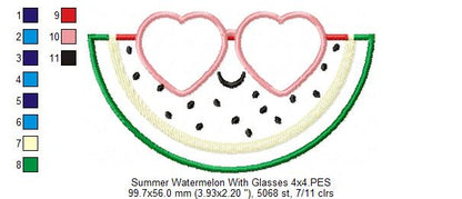 Summer Watermelon with Sunglasses - Applique - 4x4 5x4 5x7 5x8 6x10 7x12