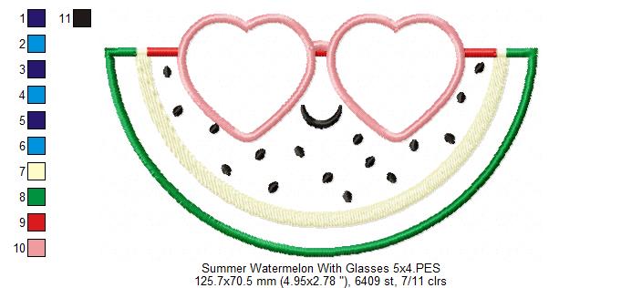 Summer Watermelon with Sunglasses - Applique - 4x4 5x4 5x7 5x8 6x10 7x12