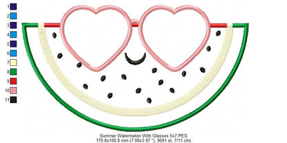 Summer Watermelon with Sunglasses - Applique - 4x4 5x4 5x7 5x8 6x10 7x12