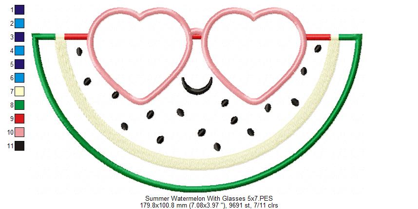 Summer Watermelon with Sunglasses - Applique - 4x4 5x4 5x7 5x8 6x10 7x12