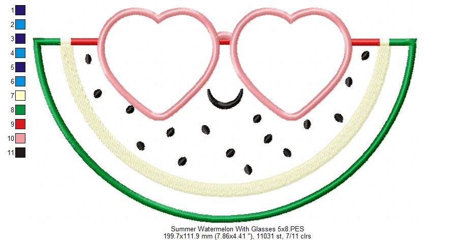 Summer Watermelon with Sunglasses - Applique - 4x4 5x4 5x7 5x8 6x10 7x12