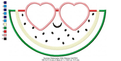Summer Watermelon with Sunglasses - Applique - 4x4 5x4 5x7 5x8 6x10 7x12