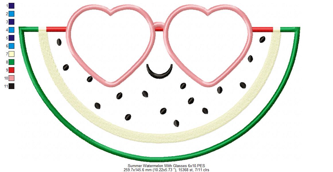 Summer Watermelon with Sunglasses - Applique - 4x4 5x4 5x7 5x8 6x10 7x12