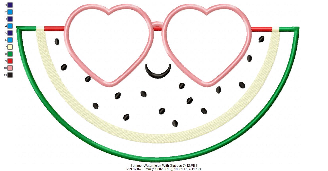 Summer Watermelon with Sunglasses - Applique - 4x4 5x4 5x7 5x8 6x10 7x12