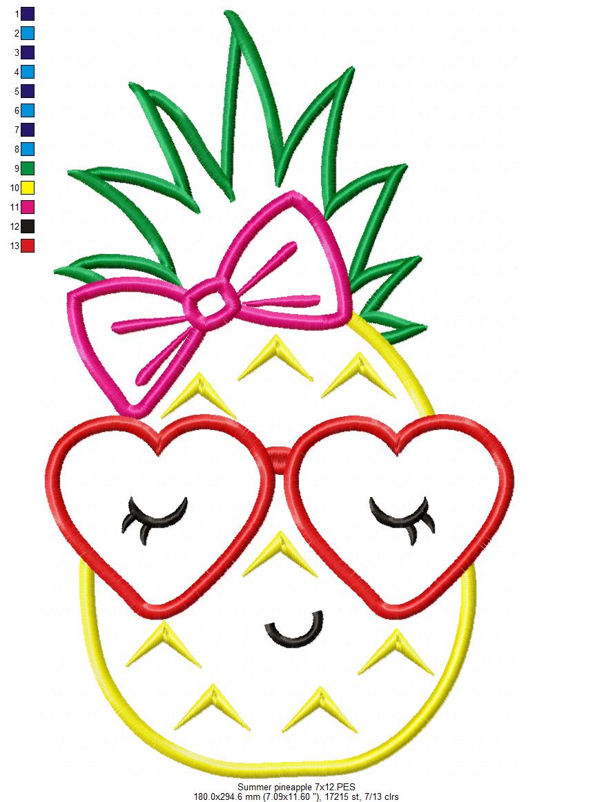Summer Pineapple Girl with Glasses - Applique - Machine Embroidery Design