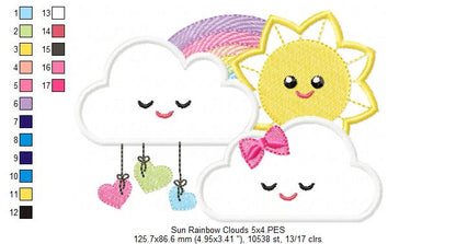 Sun, rainbow and Clouds - Applique - Machine Embroidery Design