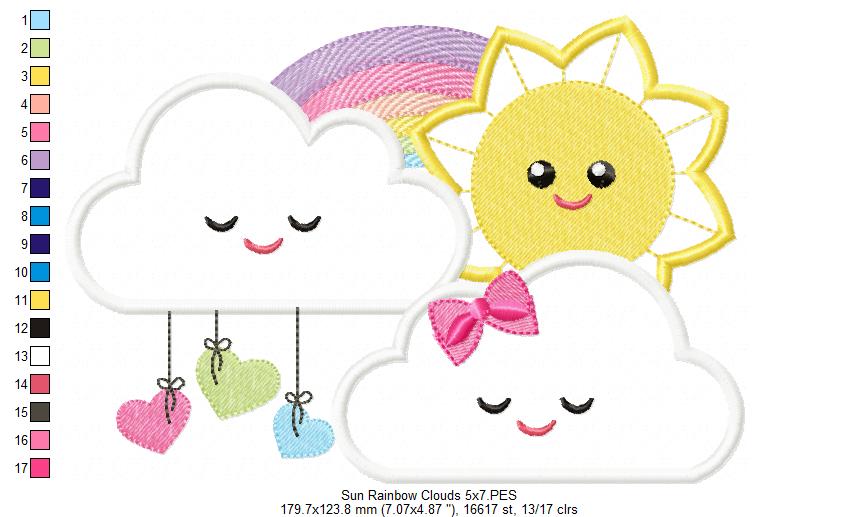 Sun, rainbow and Clouds - Applique - Machine Embroidery Design