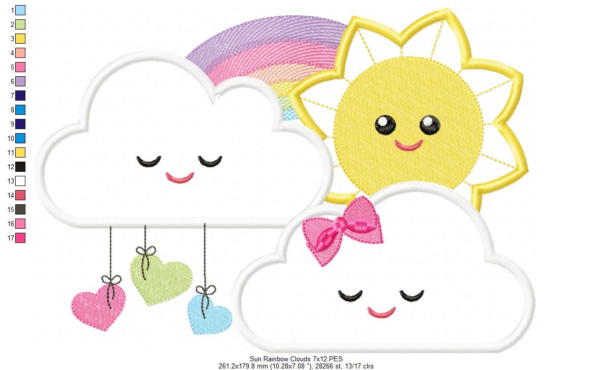 Sun, rainbow and Clouds - Applique - Machine Embroidery Design
