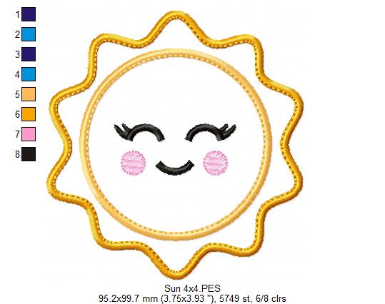 Happy Sun Smiling, Sunshine, Summer - Applique - Machine Embroidery Design