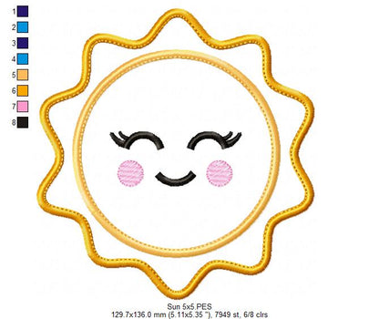 Happy Sun Smiling, Sunshine, Summer - Applique - Machine Embroidery Design