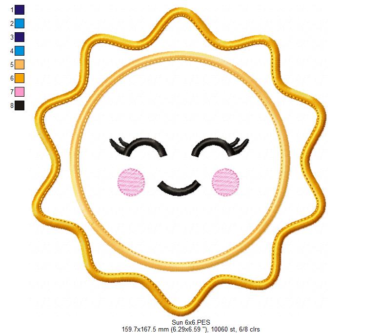 Happy Sun Smiling, Sunshine, Summer - Applique - Machine Embroidery Design