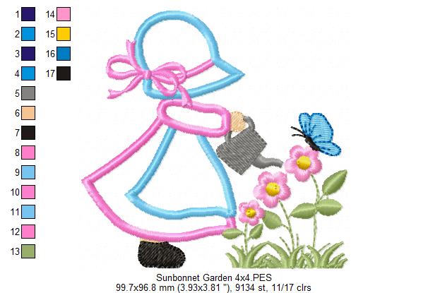 Sunbonnet Watering the Garden - Applique Embroidery