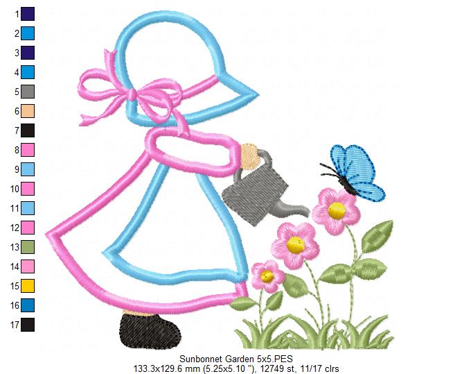 Sunbonnet Watering the Garden - Applique Embroidery