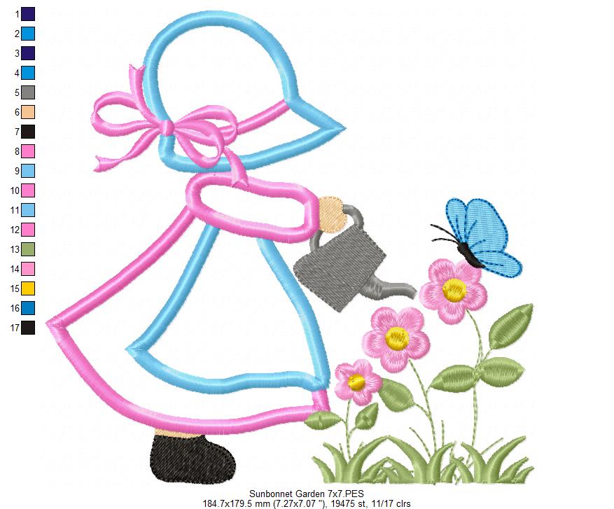Sunbonnet Watering the Garden - Applique Embroidery