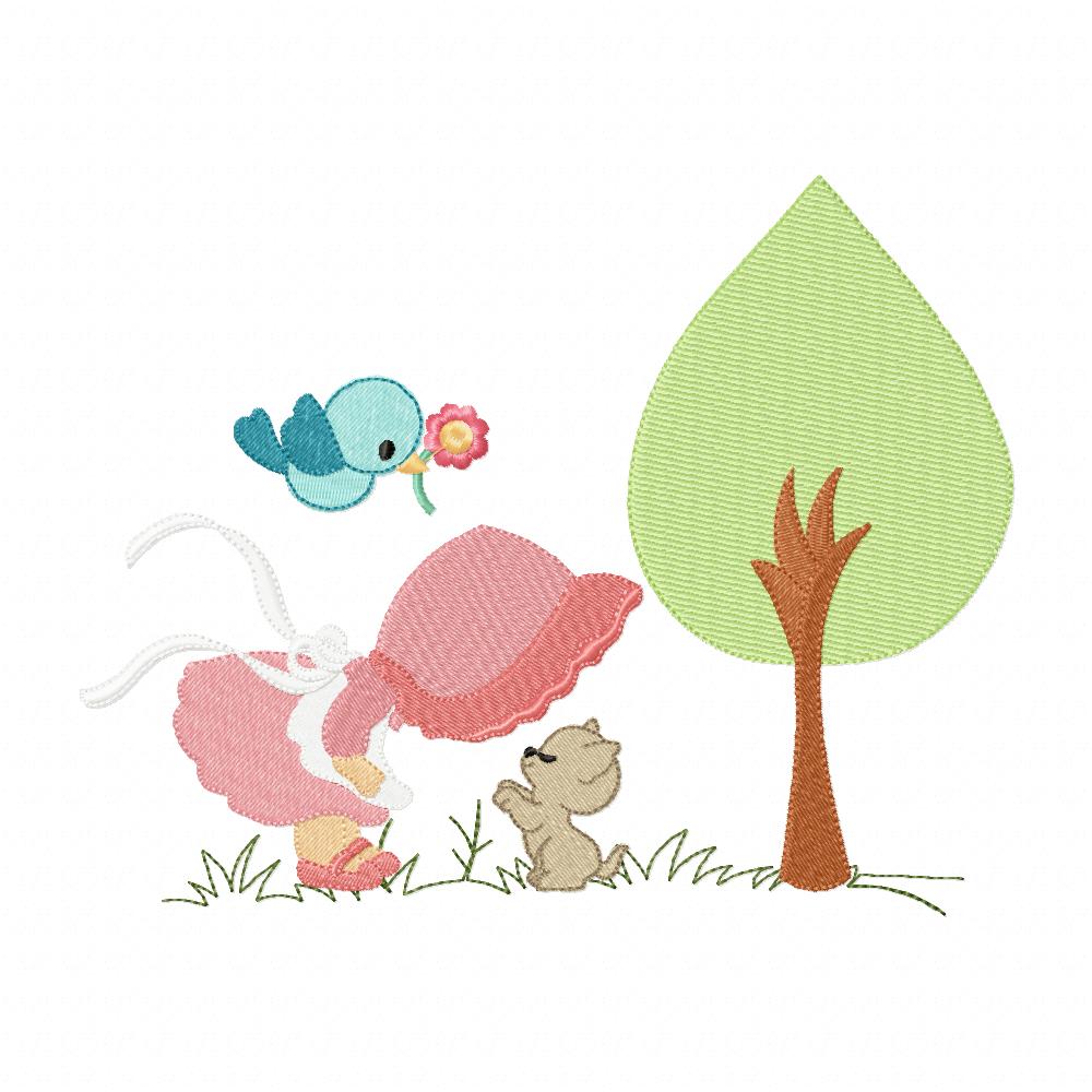 Sunbonnet, Tree and Kitty - Fill Stitch - Machine Embroidery Design