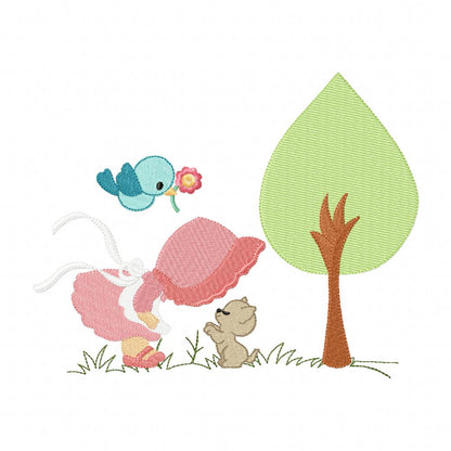 Sunbonnet, Tree and Kitty - Fill Stitch - Machine Embroidery Design