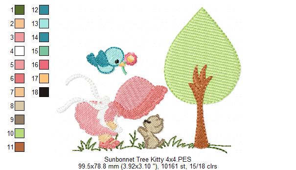 Sunbonnet, Tree and Kitty - Fill Stitch - Machine Embroidery Design