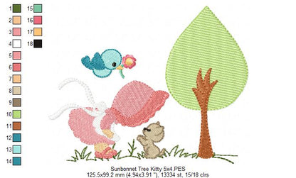 Sunbonnet, Tree and Kitty - Fill Stitch - Machine Embroidery Design