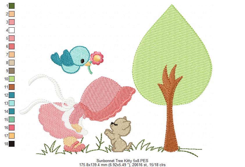 Sunbonnet, Tree and Kitty - Fill Stitch - Machine Embroidery Design