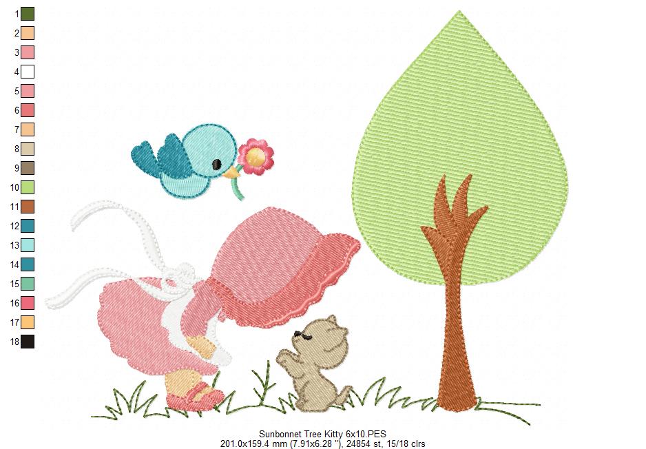 Sunbonnet, Tree and Kitty - Fill Stitch - Machine Embroidery Design