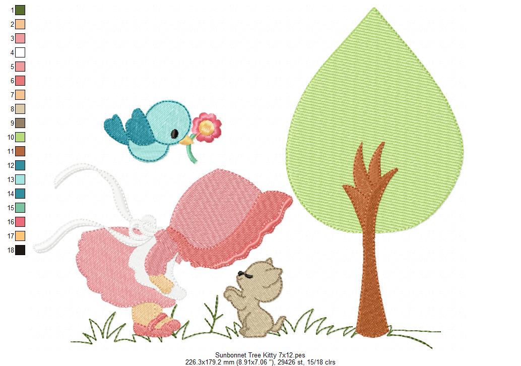 Sunbonnet, Tree and Kitty - Fill Stitch - Machine Embroidery Design