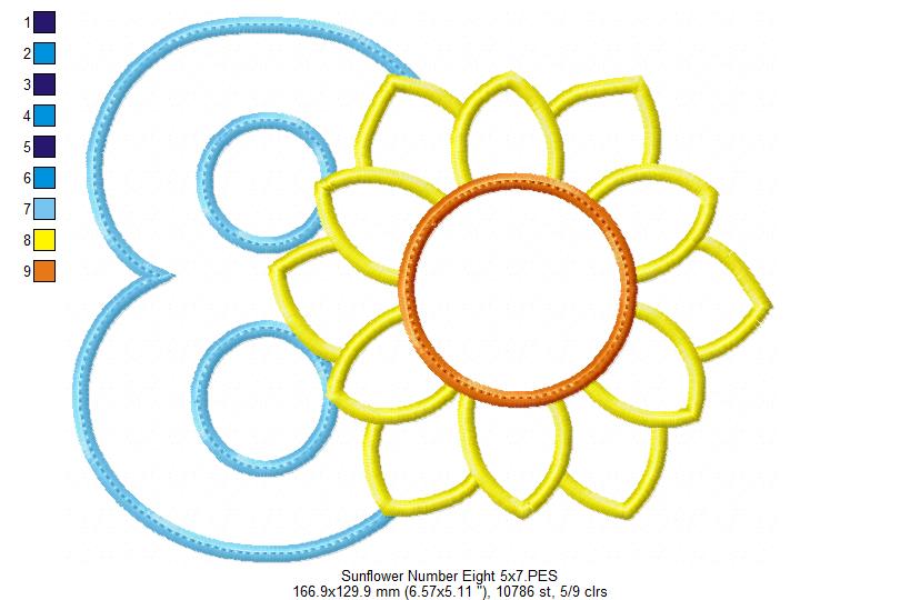 Sunflower Number 8 Eight 8th Birthday - Applique