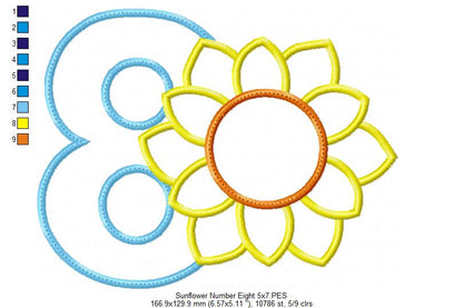 Sunflower Number 8 Eight 8th Birthday - Applique