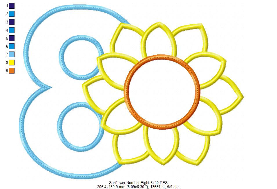 Sunflower Number 8 Eight 8th Birthday - Applique