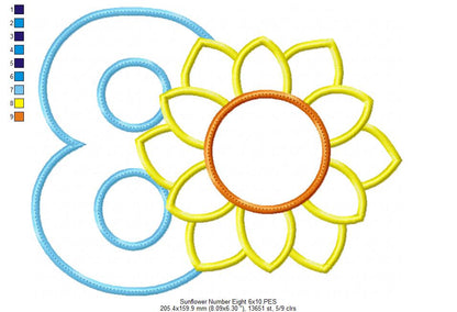 Sunflower Number 8 Eight 8th Birthday - Applique