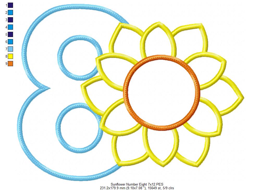 Sunflower Number 8 Eight 8th Birthday - Applique
