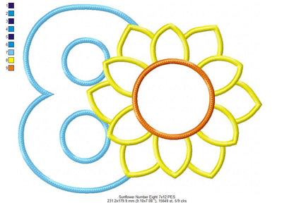 Sunflower Number 8 Eight 8th Birthday - Applique