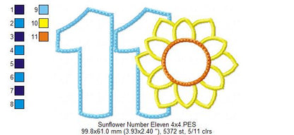 Sunflower Number Eleven 11 Elenth Birthday - Applique