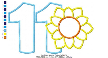 Sunflower Number Eleven 11 Elenth Birthday - Applique
