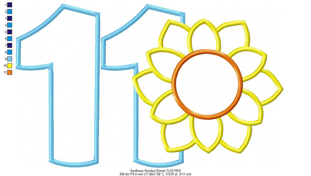 Sunflower Number Eleven 11 Elenth Birthday - Applique